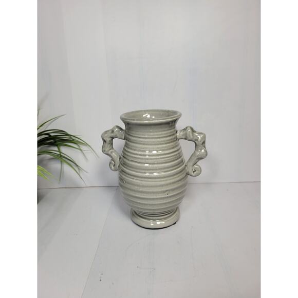 Vintage Gray Ribbed Vase, Double Handle 7-3/8" - Picture 1 of 6